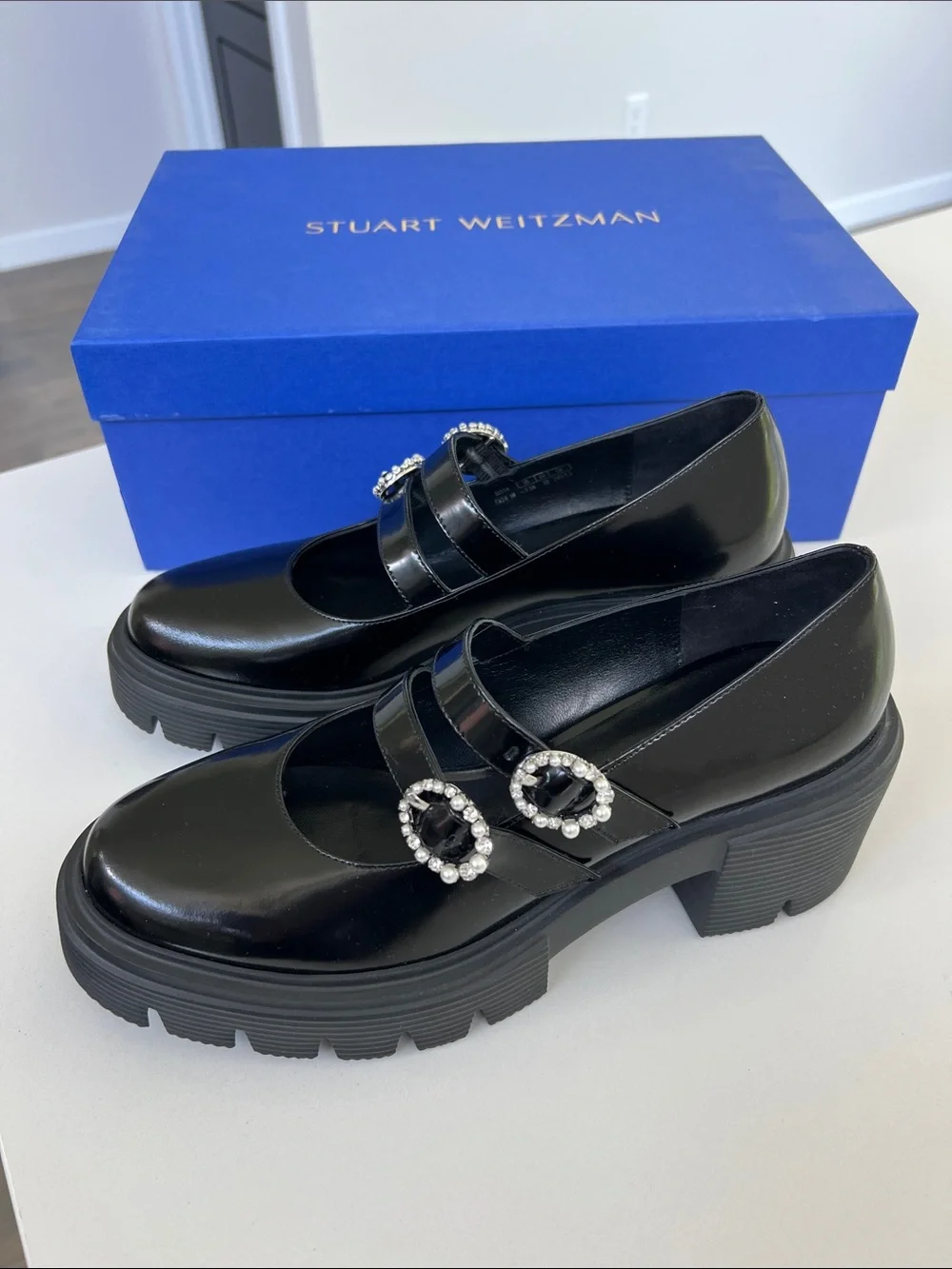 Stuart Weitzman soho leighton mary jane supermoto black leather chunky lug flats